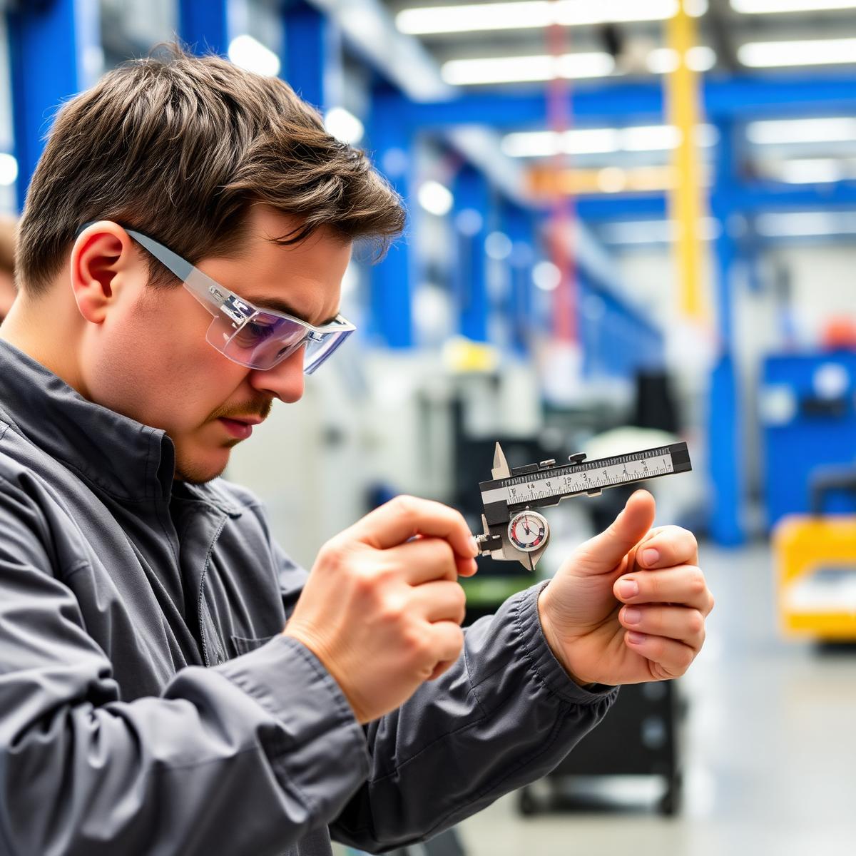 Engineer inspecting a precision spring with a digital caliper